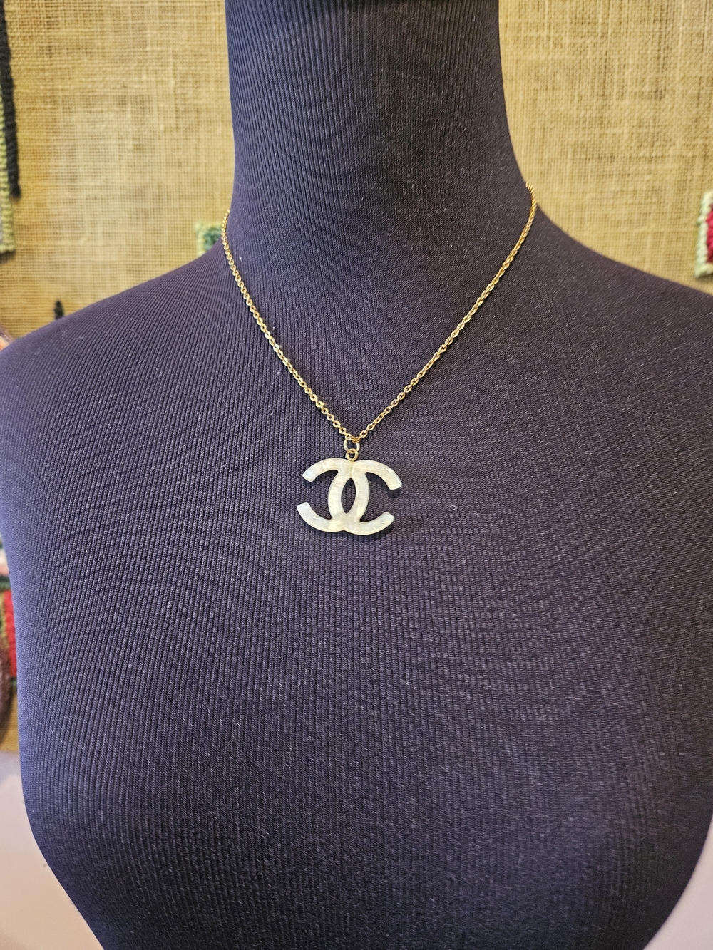 Gold Chain Necklace with White Interlocking CC Logo Pendant